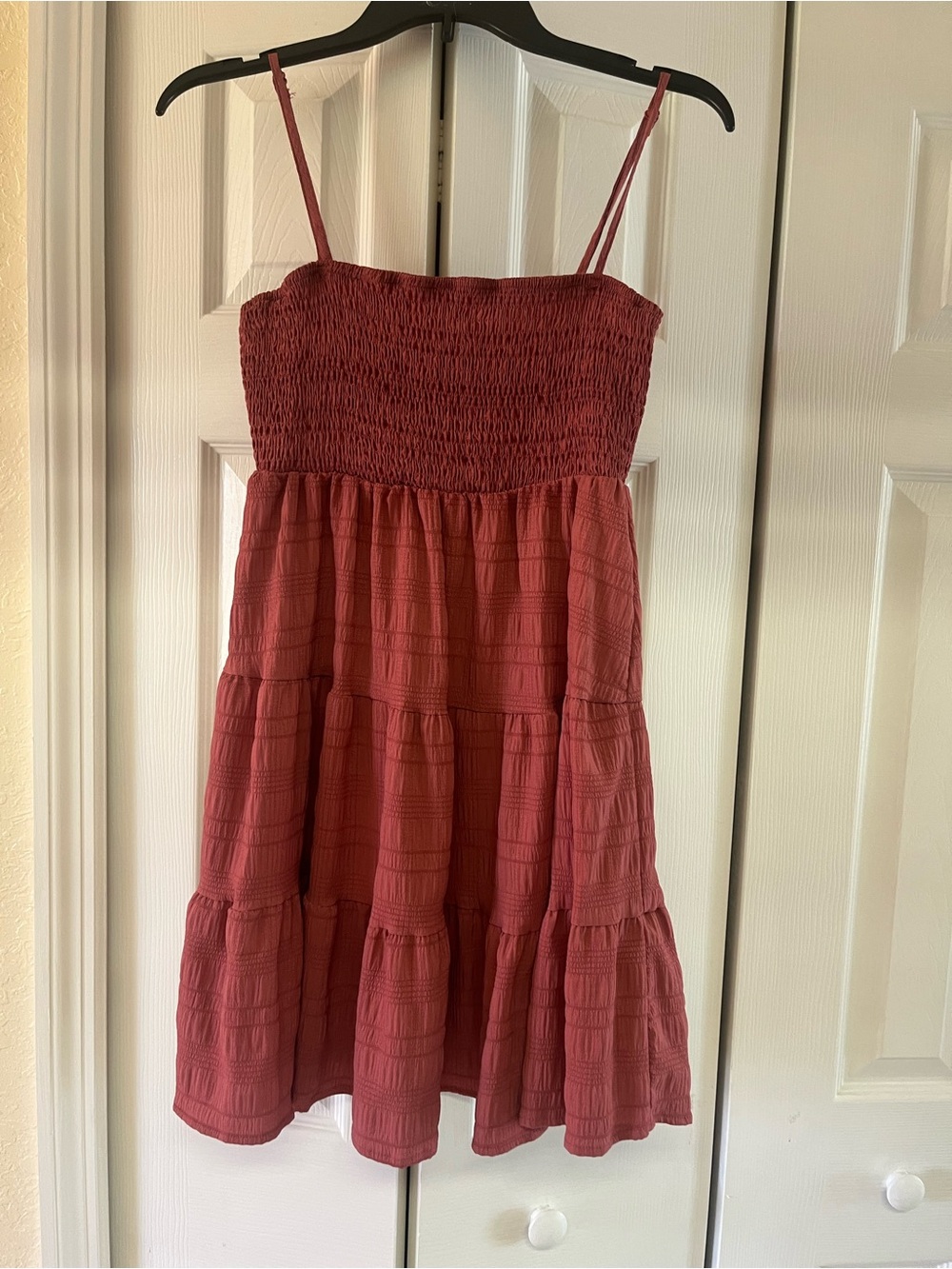 Smocked Tiered Spaghetti Strap Dress - Rust Red